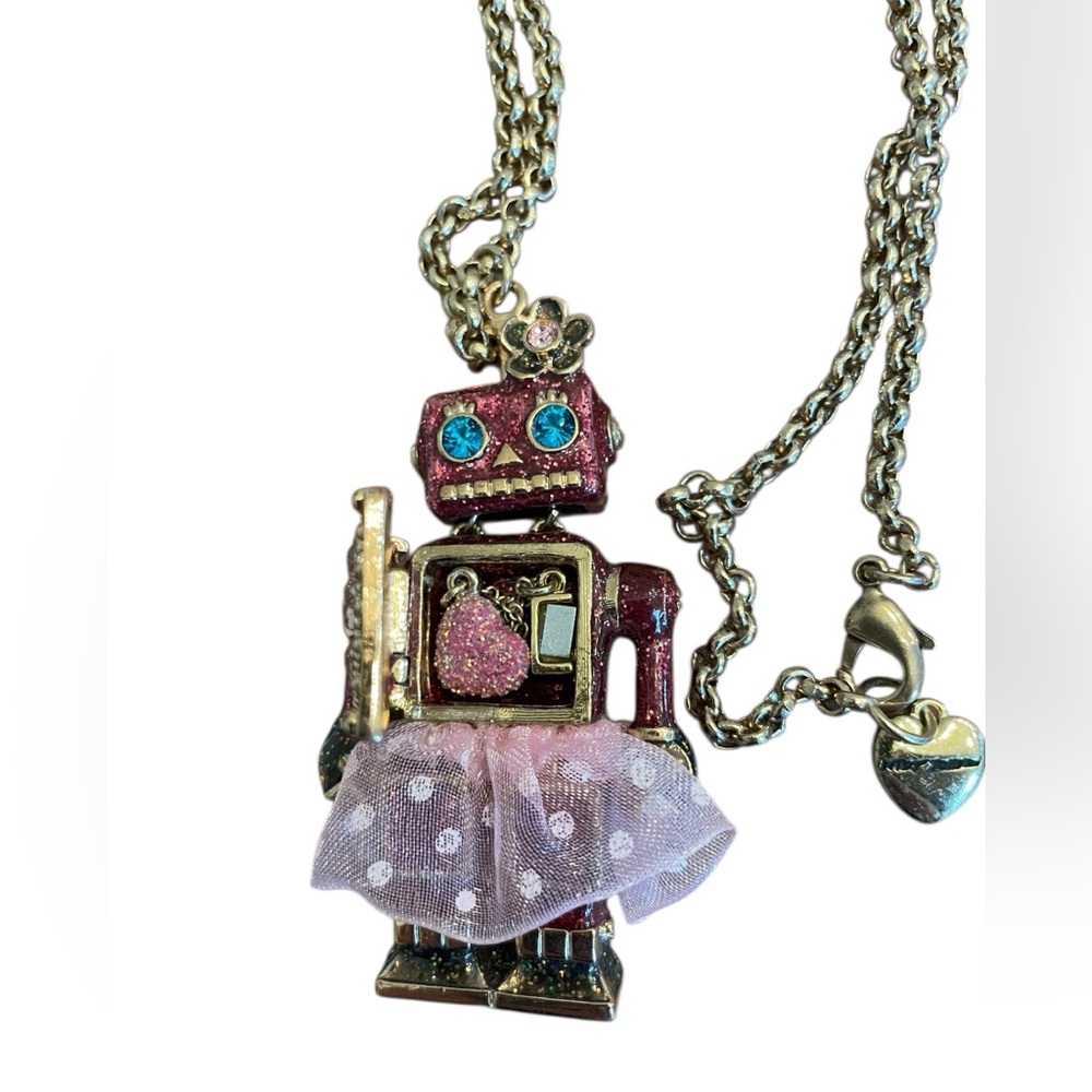 BETSEY JOHNSON Terrific Tutus Robot Girl Pendant Necklace with Heart Charm Rare - Picture 2 of 3